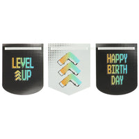 
              Close-Up of Level Up Flag Banner with “Happy Birthday” and Gaming Text
            