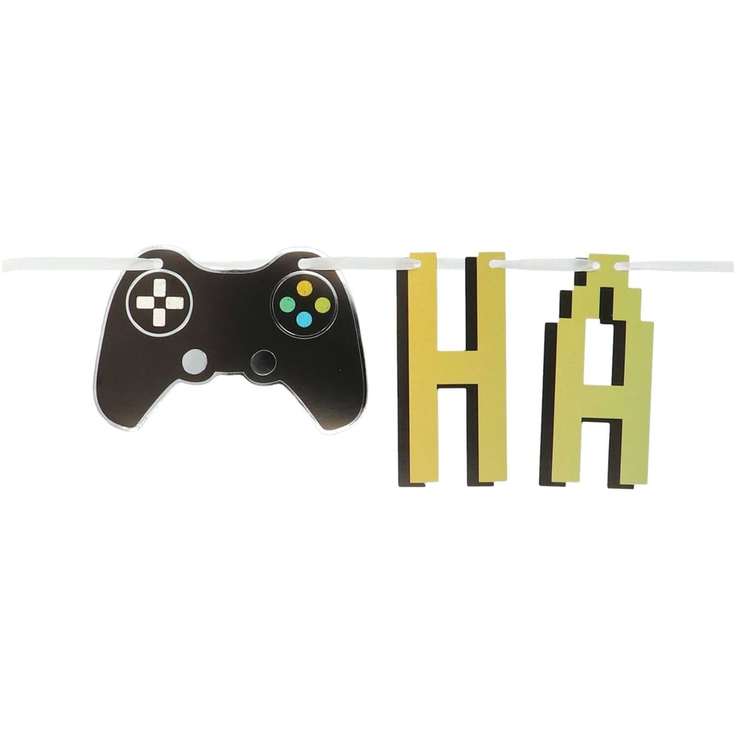 Close-Up of Level Up Banner with Game Console and “HAPPY” Letters