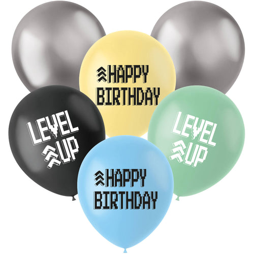 Level Up Latex Balloons 33 cm 6 Pack for gaming-themed birthdays