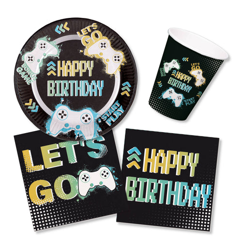 Anila's Level Up Party Pack for 16, 23 cm Plates, 250 ml Cups, Napkins for Kids 