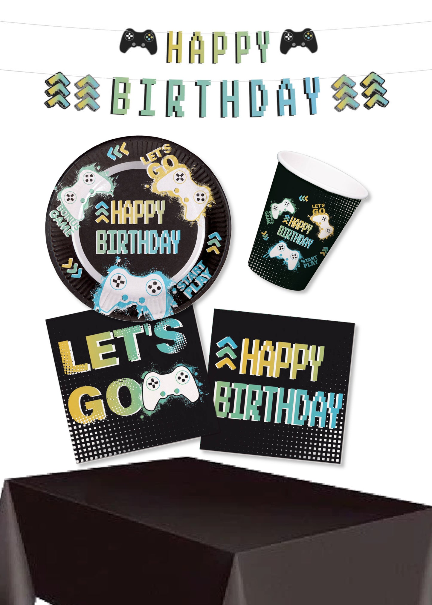 Level Up Party Pack for 8, 23 cm Plates, 250 ml Cups, Garland & Table Cover for Kids 