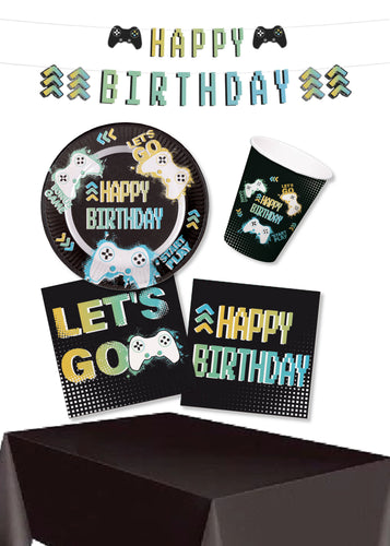 Level Up Party Pack for 8, 23 cm Plates, 250 ml Cups, Garland & Table Cover for Kids 