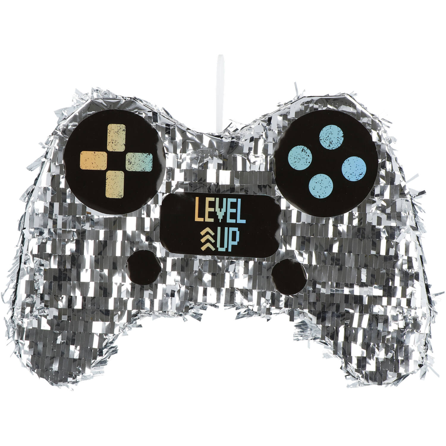 Level Up Piñata 31x45x10cm front view with silver foil game console design
