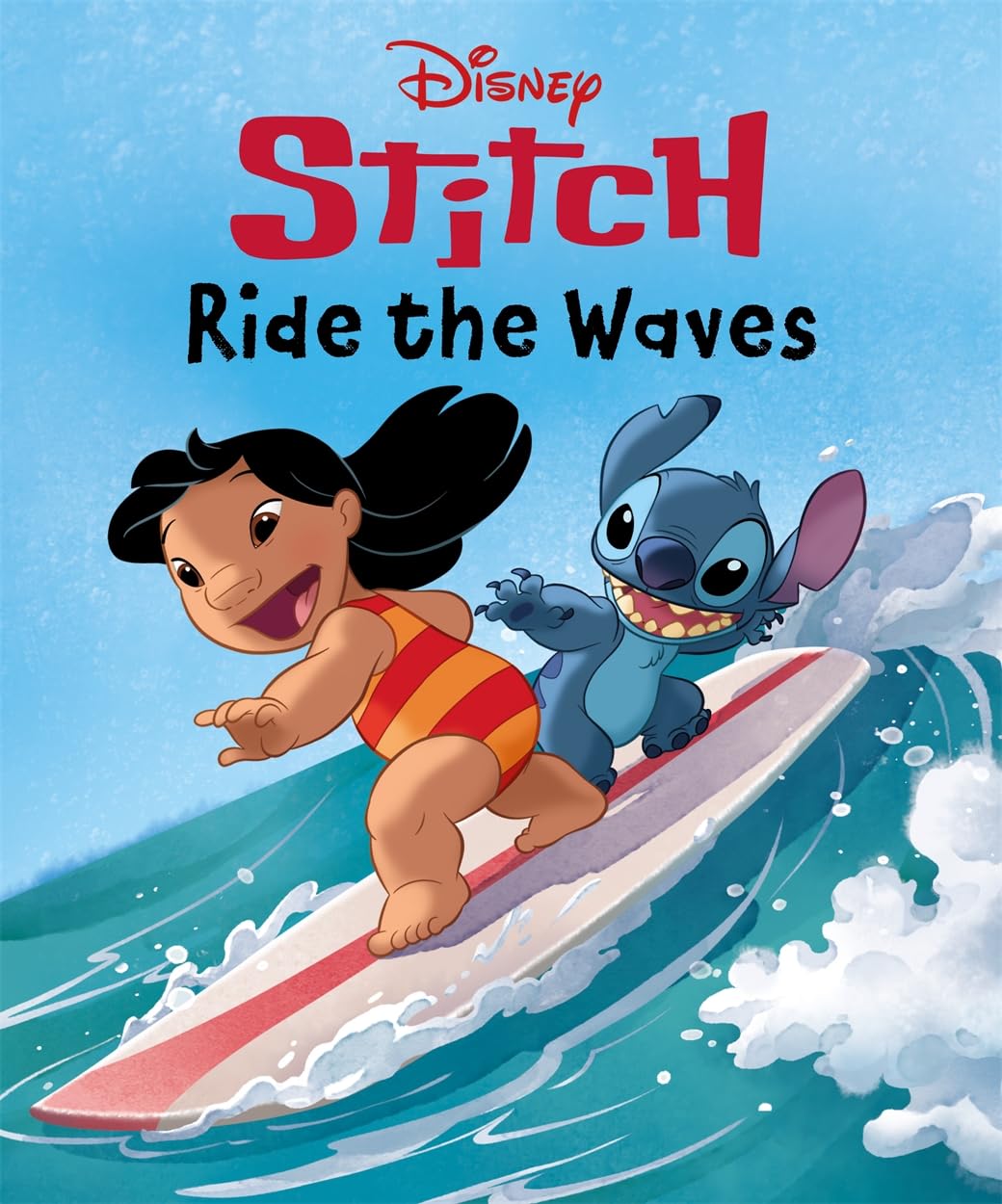 Disney Lilo & Stitch: Ride The Waves Storybook cover with vibrant Stitch illustration for kids 3+