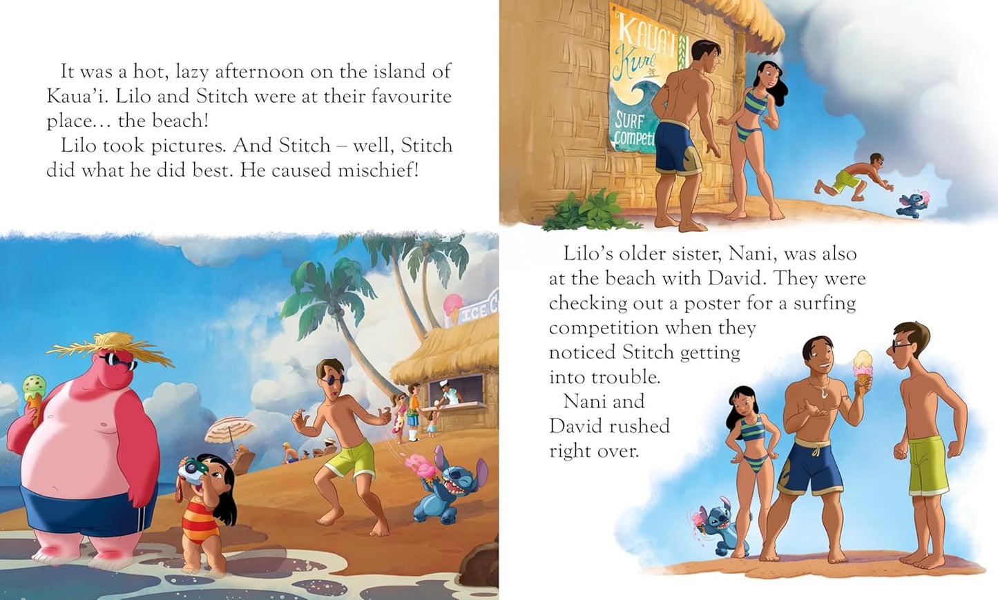 Inside page of Disney Lilo & Stitch: Ride The Waves Storybook showing colorful Hawaiian adventure for kids