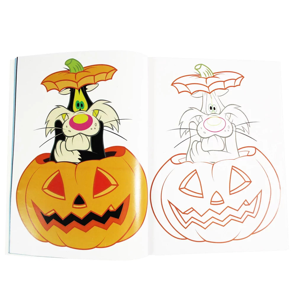 Interior spread of Looney Tunes Colorido 2 Book showing sample wacky character pages ready for kids' colourful chaos