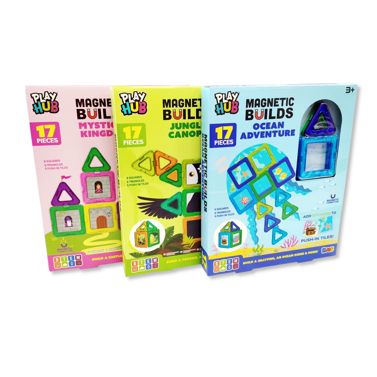 Magnetic Builds 3 Assorted Designs pack showing all themes in 28x23cm box