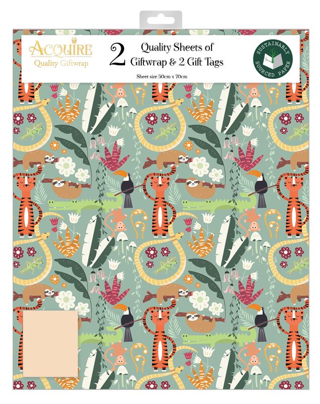 Male Juvenile Acquire Folded Giftwrap Jungle set with 2 sheets and 2 tags in explorer motif