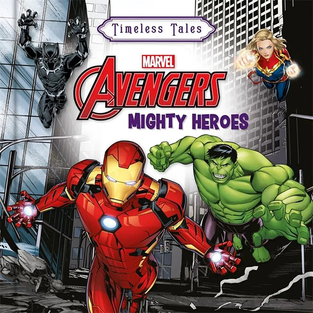 Marvel Avengers: Mighty Heroes Timeless Tales Storybook cover with vibrant Avengers illustration for children 3+