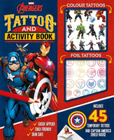 
              Marvel Avengers: Tattoo and Activity Book cover with vibrant Captain America and Avengers artwork for children 3+
            