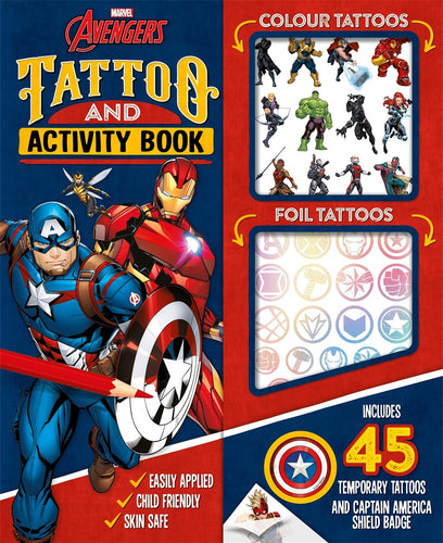 Marvel Avengers: Tattoo and Activity Book cover with vibrant Captain America and Avengers artwork for children 3+