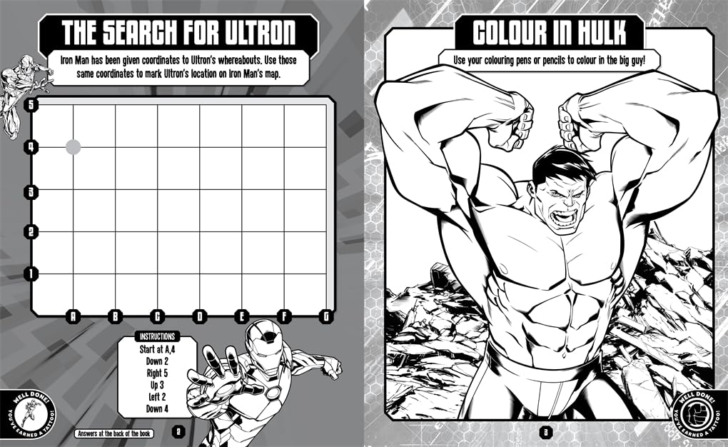 Inside page of Marvel Avengers: Tattoo and Activity Book with colourful superhero tattoo designs for kids
