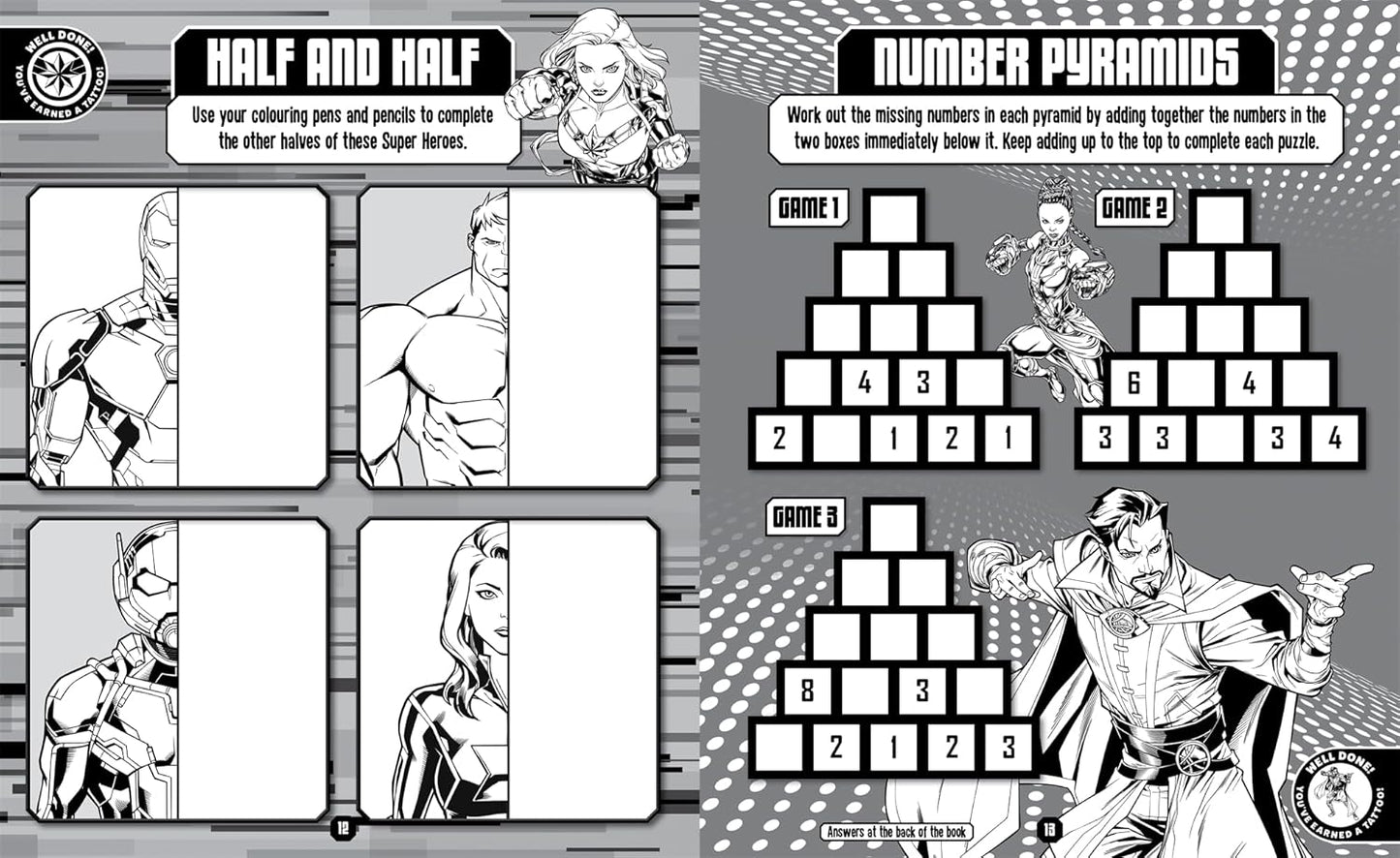 Marvel Avengers: Tattoo and Activity Book page with vibrant puzzles and mazes for children 3+