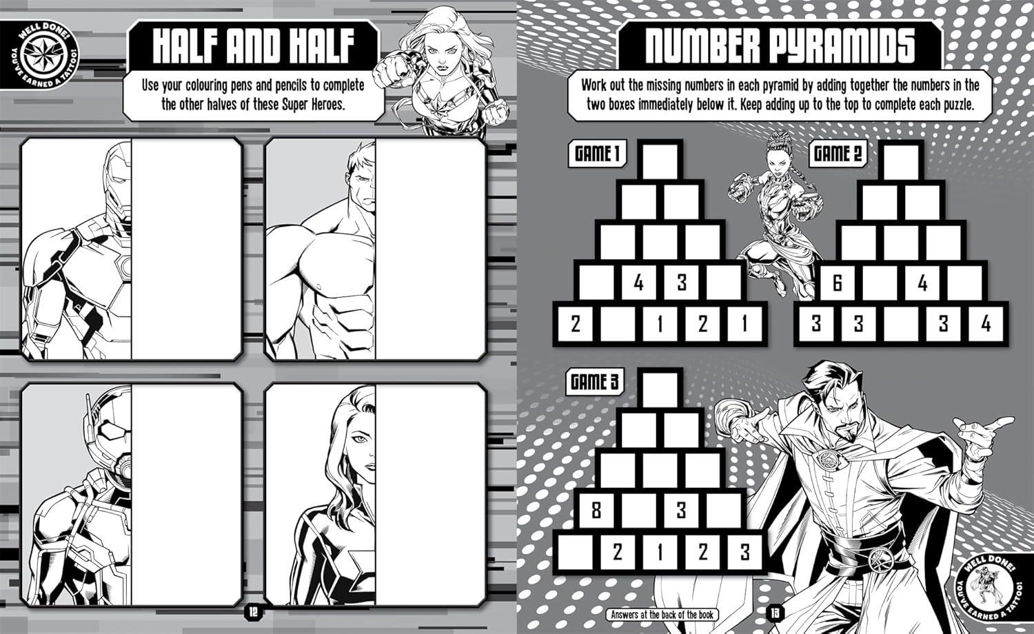 Marvel Avengers: Tattoo and Activity Book page with vibrant puzzles and mazes for children 3+