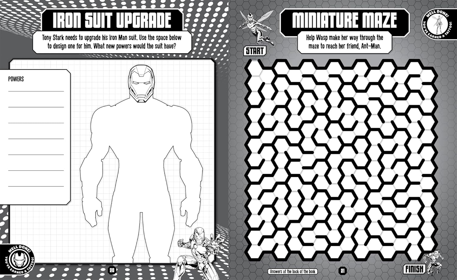 Marvel Avengers: Tattoo and Activity Book page with dynamic Avengers colouring activities for kids