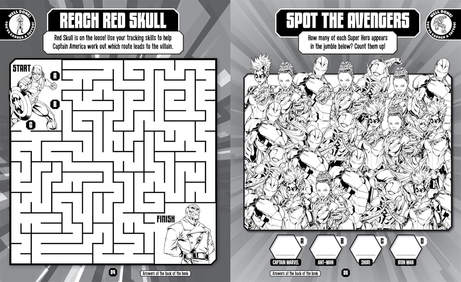 Marvel Avengers: Tattoo and Activity Book inner page with playful superhero interactive scenes for children 3+