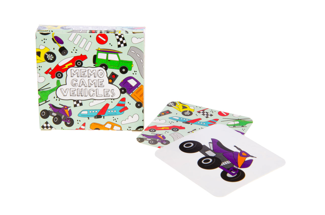 Close-Up of Mini Memo Game Vehicles Cards with Car and Truck Designs