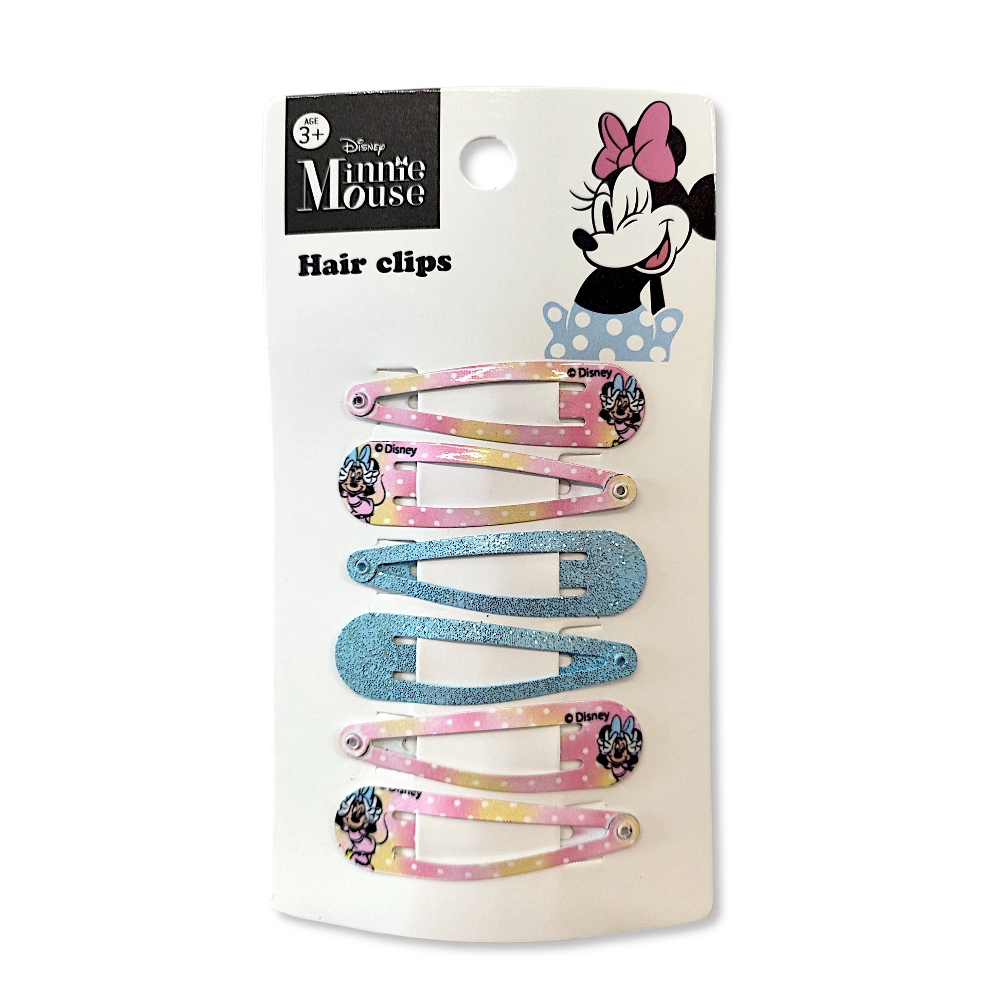 Pack of 6 Minnie Mouse Hair Snap Clips front view featuring two designs of polka-dot bows and Minnie portraits on 4.8cm metal bases