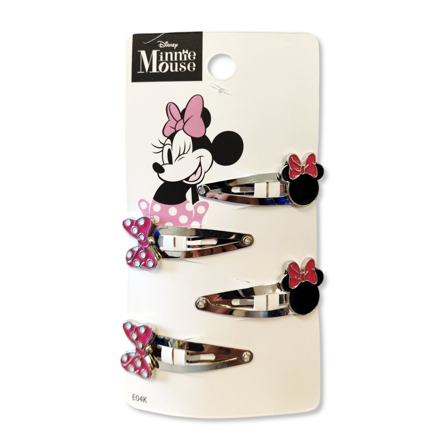 Pack of 4 Minnie Mouse Hair Snap Clips front view showing two enamelled bow designs and two character likeness clips on a 4cm metal base