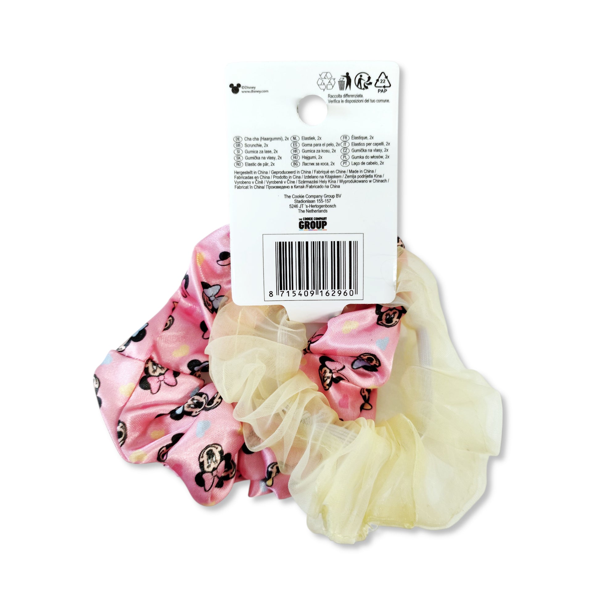 Pack of 2 Minnie Mouse Scrunchies back view showcasing soft stretchy fabric and comfy, crease-free elastic bands