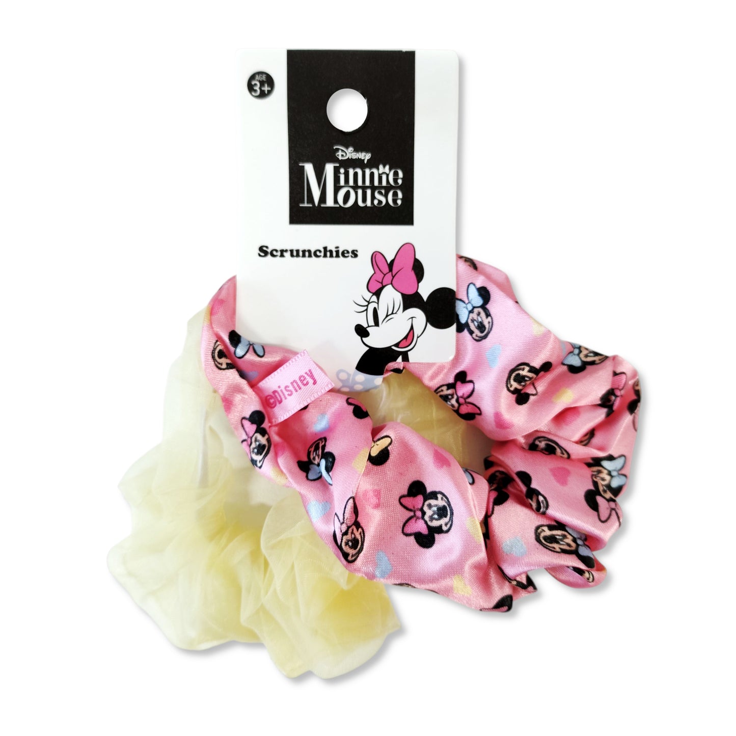 Pack of 2 Minnie Mouse Scrunchies front view featuring one translucent yellow elastic scrunchie and one pink with Minnie Mouse portrait motif
