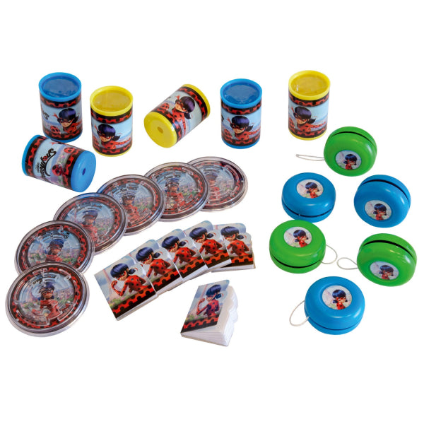 Miraculous Ladybug 24-Piece Party Favour Pack with vibrant notepads, yo-yos, ball mazes, and kaleidoscopes for kids’ parties