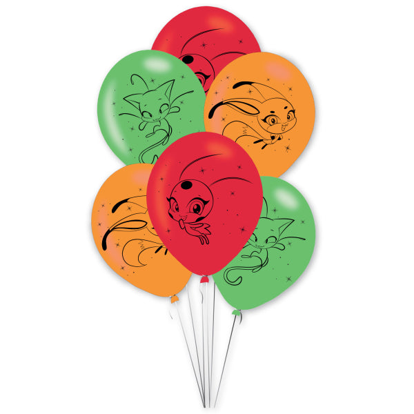 Miraculous Ladybug 6 Latex Balloons, 27.5 cm, with Tikki, Trixx, and Plagg Kwamis