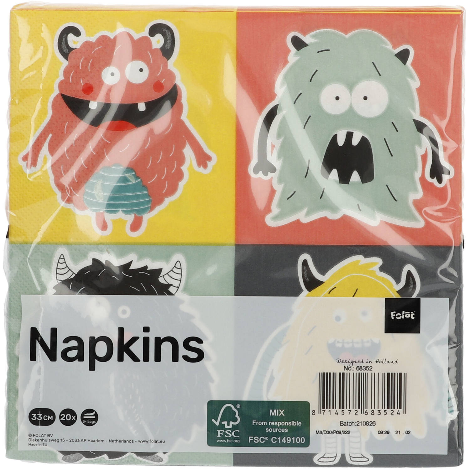 Monster Bash Napkins, 33 x 33 cm, 20 Multicolour Paper Napkins for Kids’ Parties
