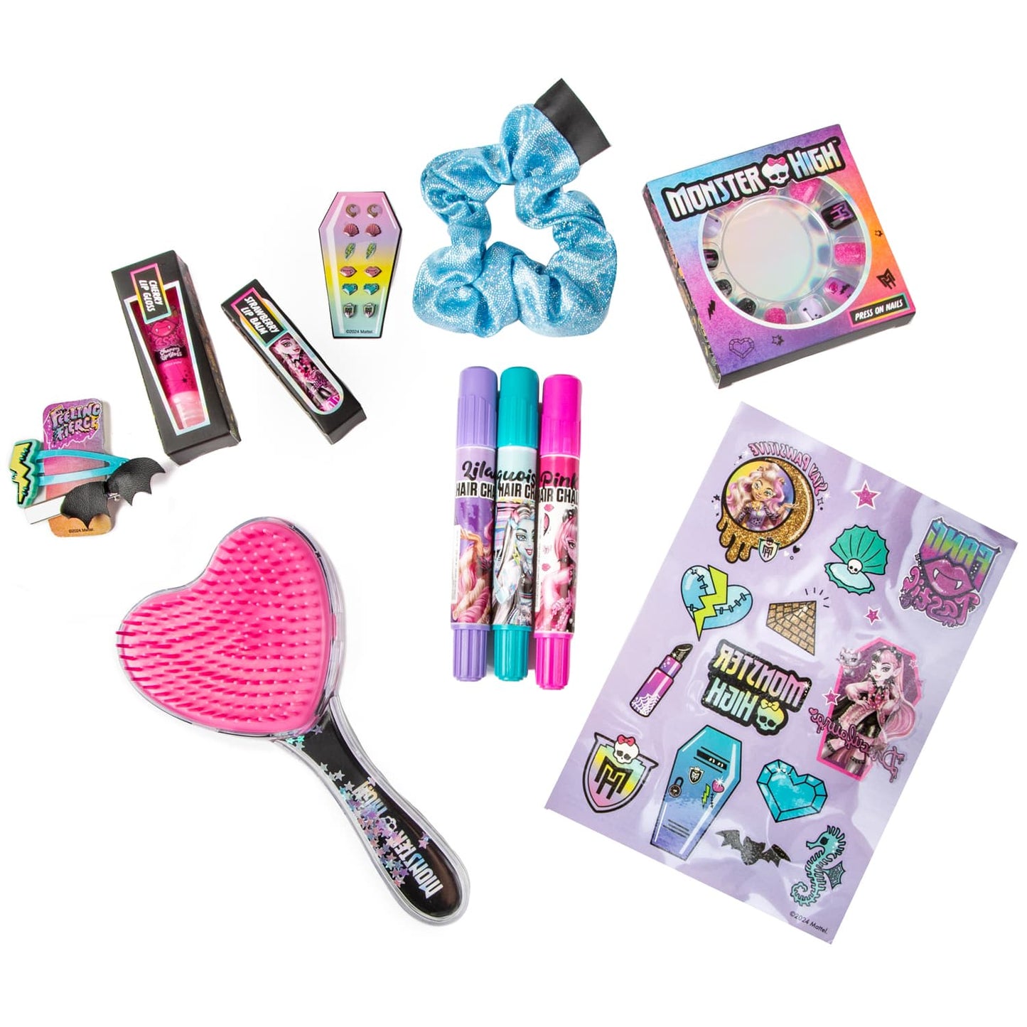 Inside view of Monster High Fangtastic Beauty Set with makeup and accessorie