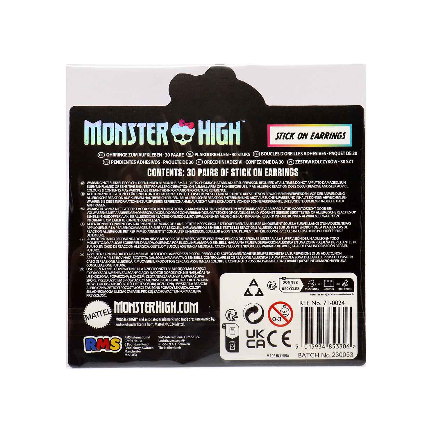 Back view of Monster High Stick-On Earrings packaging showcasing 30 pairs of spooky-chic designs