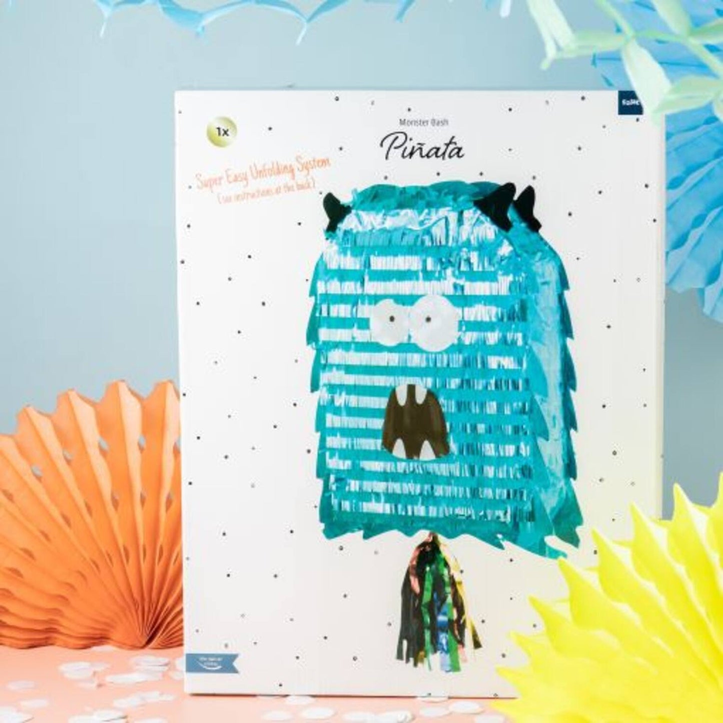 Packaged Piñata Monster Bash in flat box with folding system and loop detail