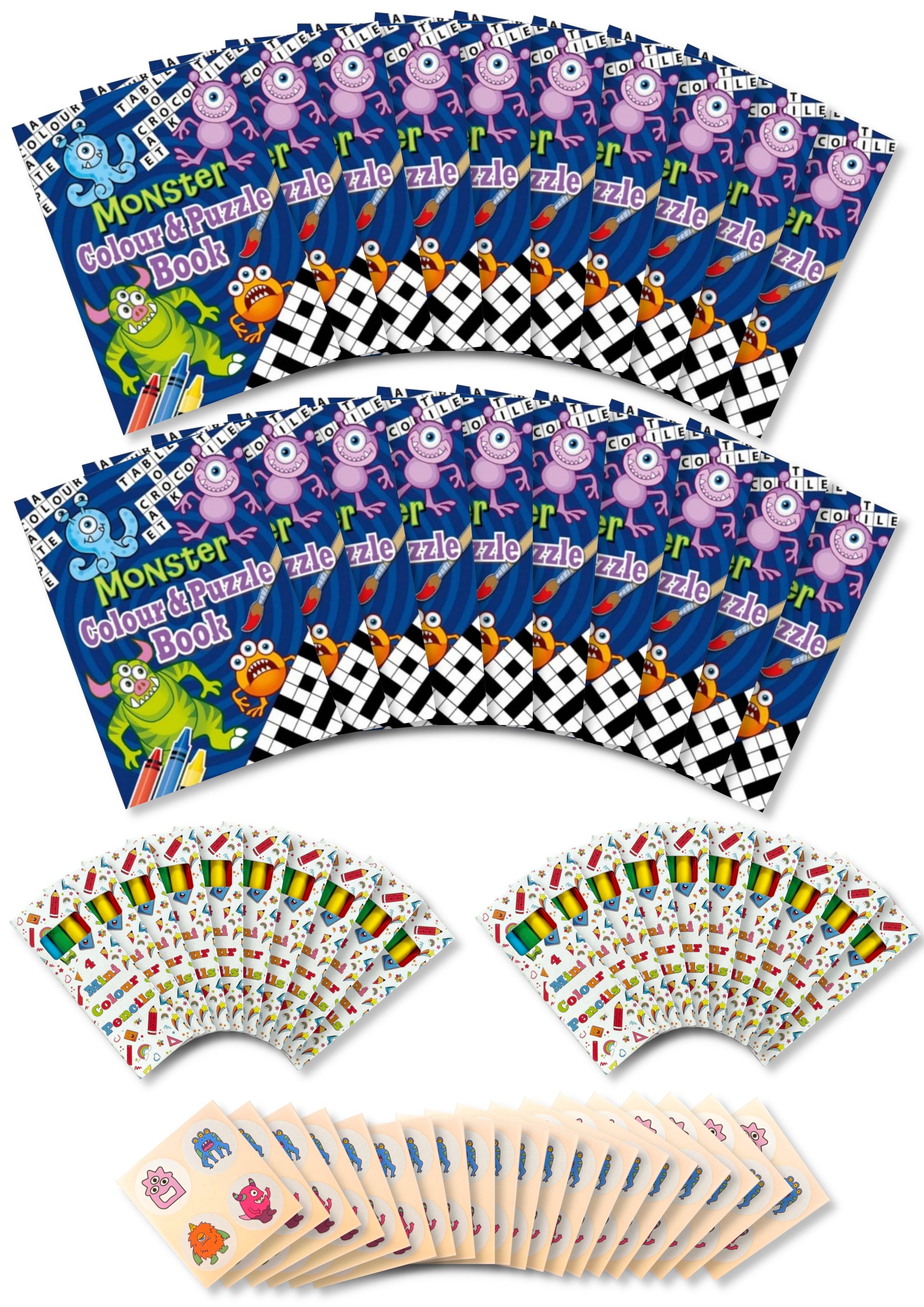 Assortment of 20 Themed Activity Books, 20 Sheets of Stickers and 20 Sets of Pencils - Anilas UK