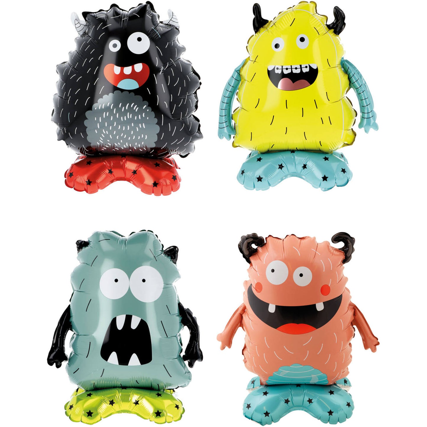 Standing Foil Balloon Monsters 4 Pieces pack uninflated with friendly shapes