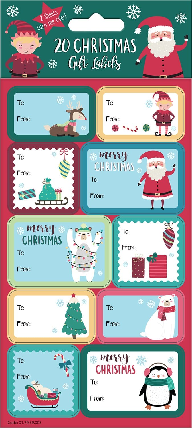 North Pole Christmas Gift Labels sheet with themed character stickers