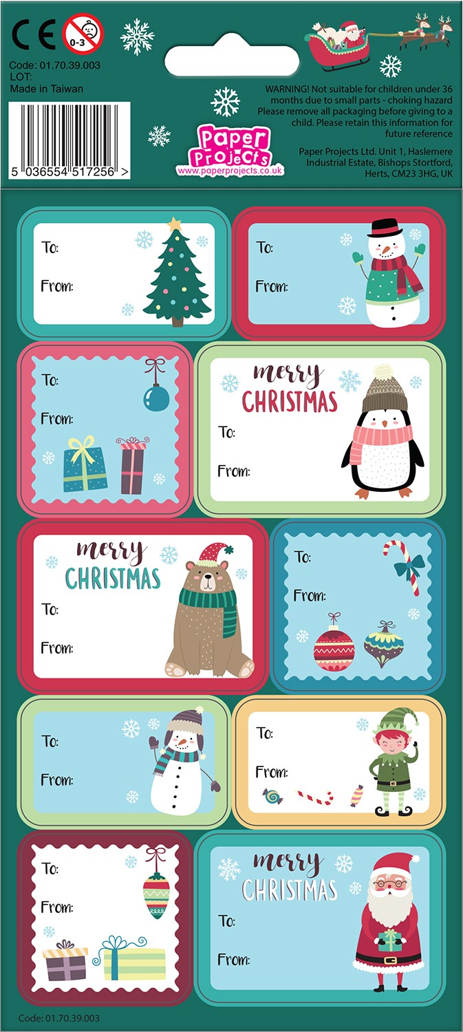North Pole Christmas Gift Labels applied to wrapped presents with festive theme