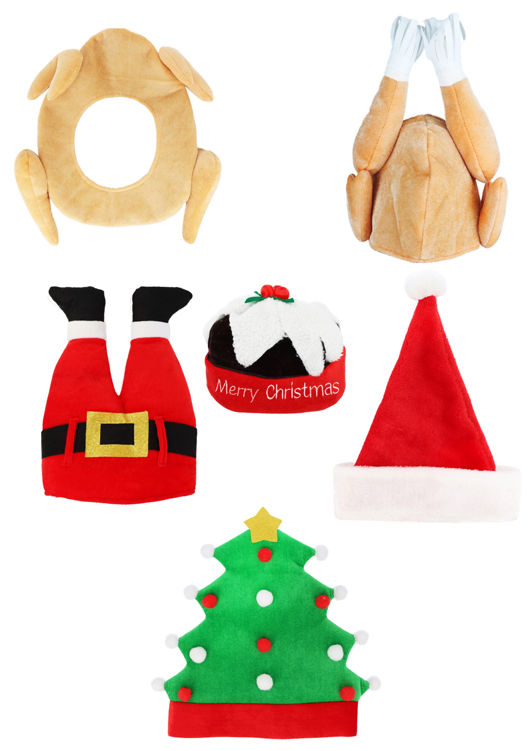 Novelty Christmas Hat 6-Pack Adult with Santa, Turkey, Pudding, Legs and Tree designs