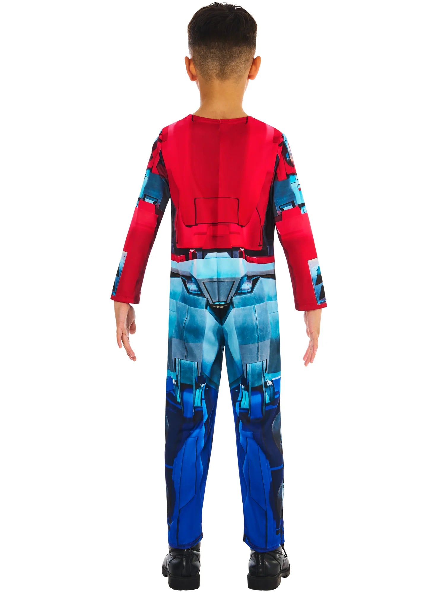 Optimus Prime Dressing Up Costume back view highlighting durable polyester design and easy-zip fit for heroic adventures