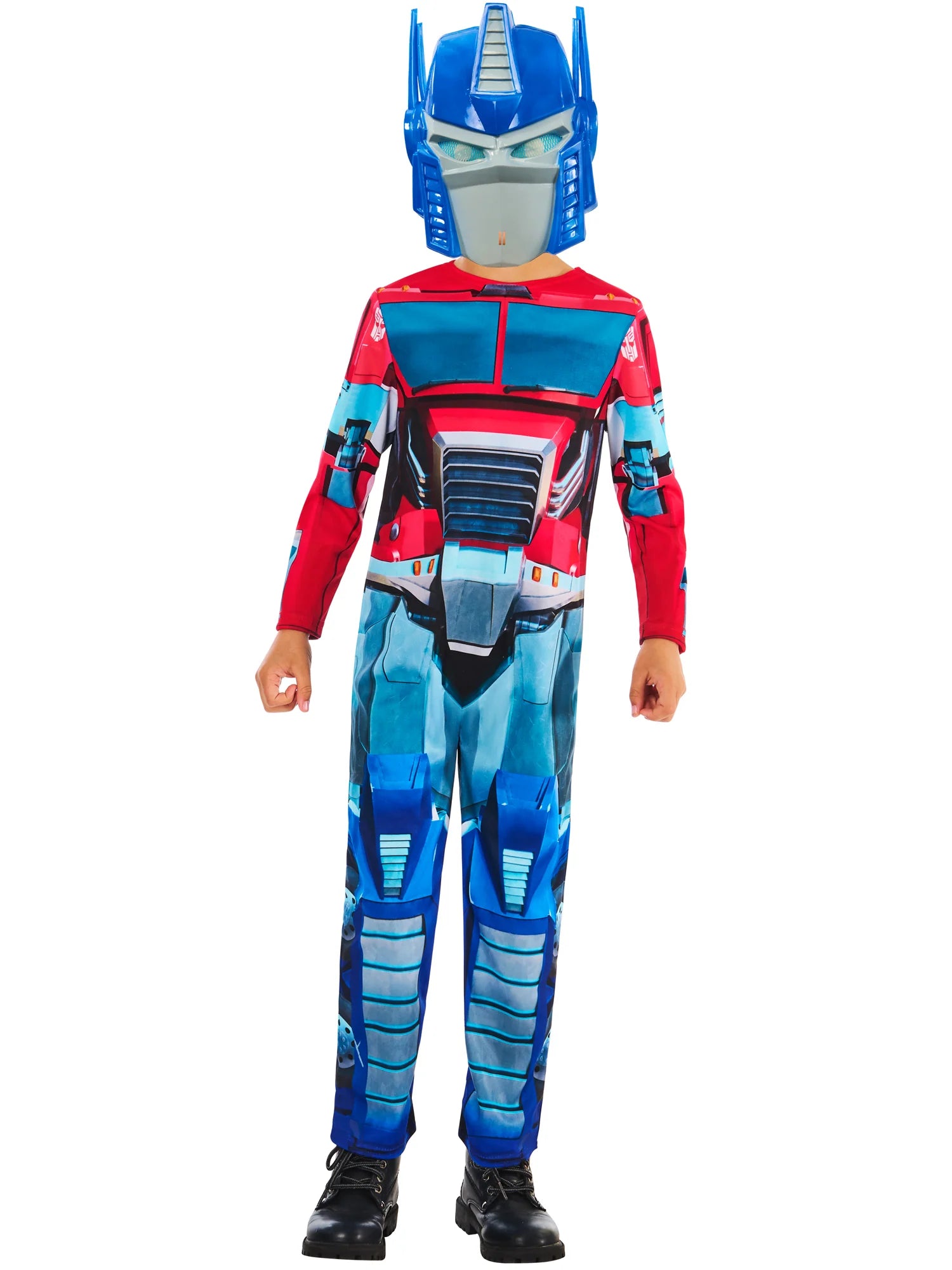 Optimus Prime Dressing Up Costume front view showing blue-red jumpsuit with flame decals and mask for kids 3-6 Transformers role-play fun