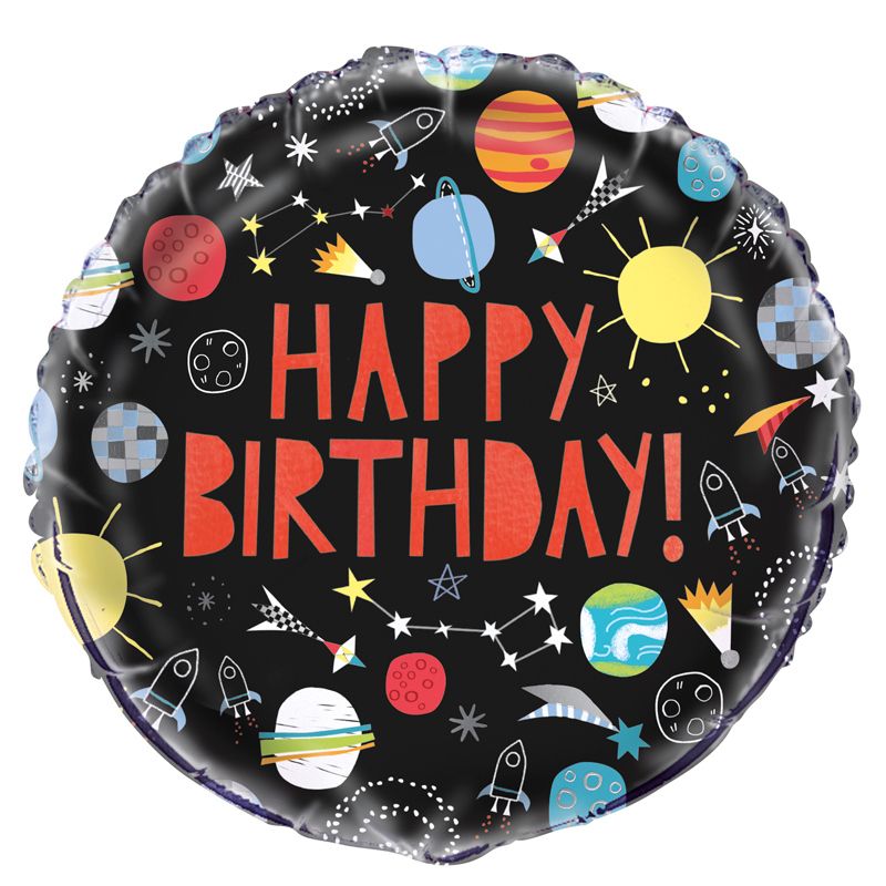 Outer Space Happy Birthday Foil Balloon 46cm with cosmic design