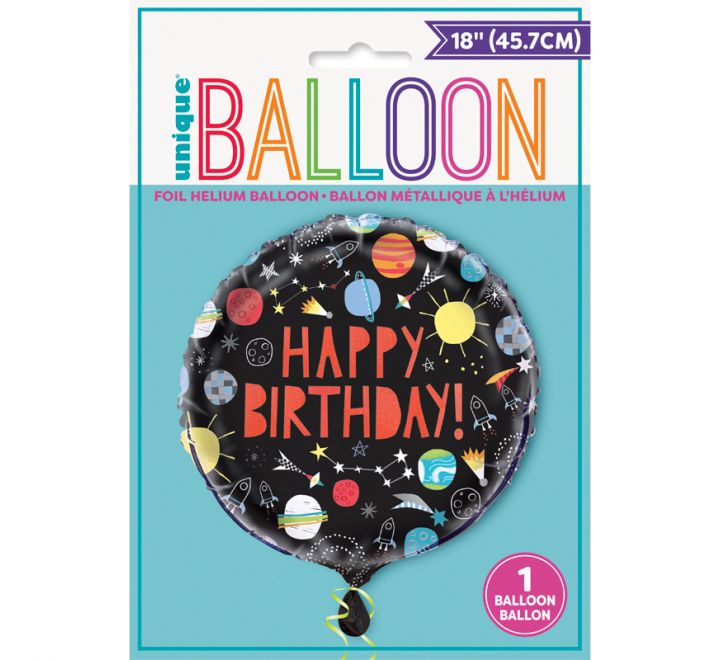 Outer Space Happy Birthday Foil Balloon 46cm with cosmic design packaging