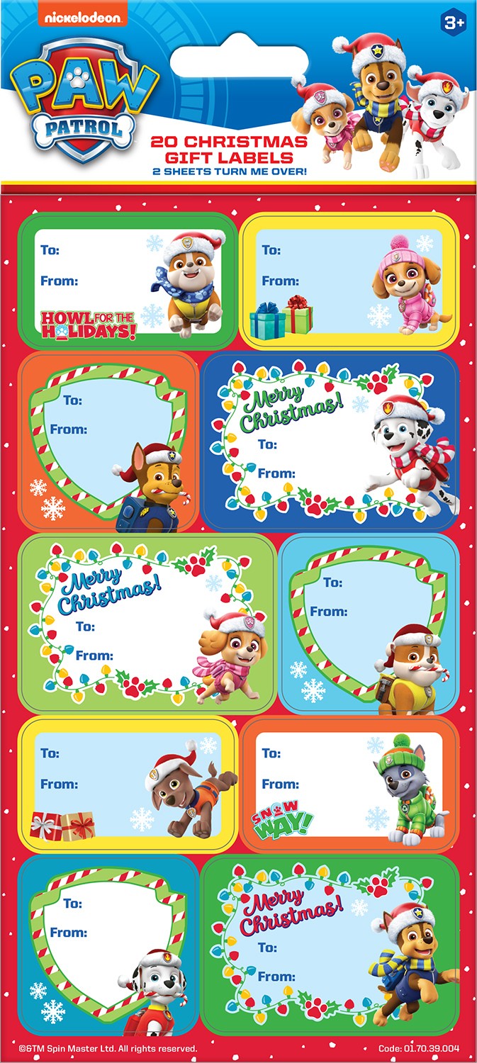 PAW Patrol Christmas Gift Labels sheet with themed character stickers