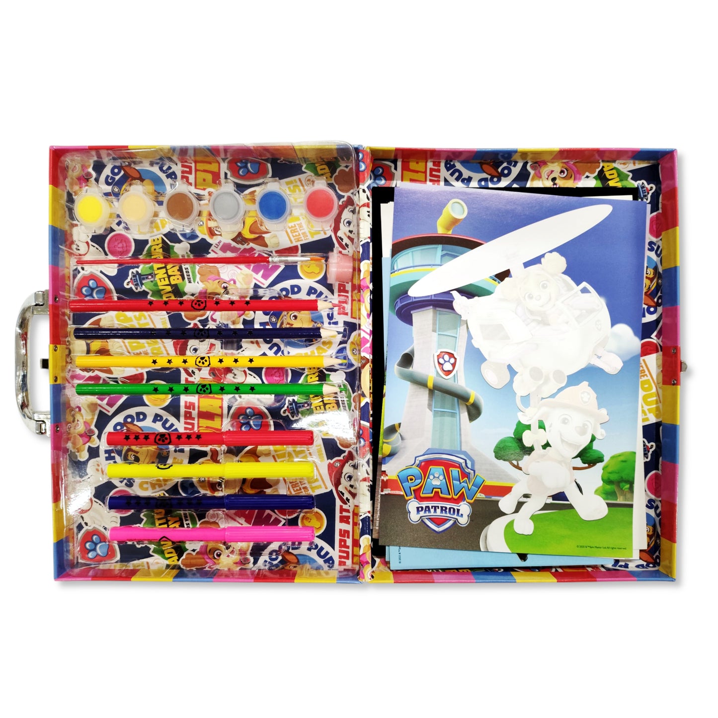 Close-up of Paw Patrol Activity Set contents including paints, stickers and templates