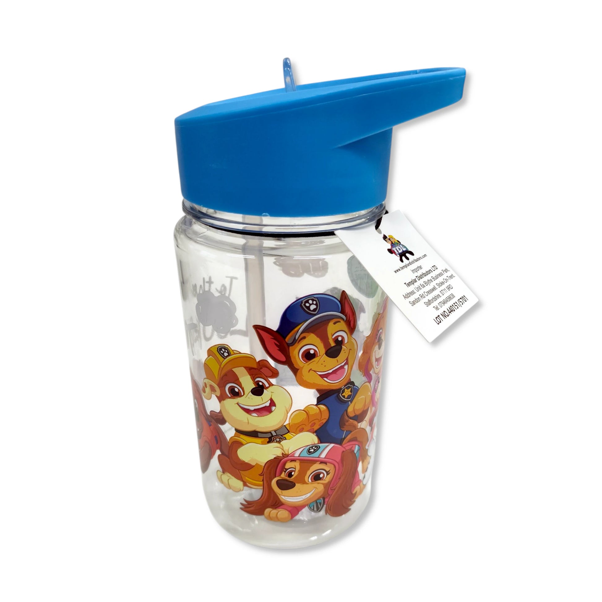 Paw Patrol 450ml Kids Water Bottle front view showing pup motifs with flip-top straw and ring handle on BPA-free plastic for easy transport