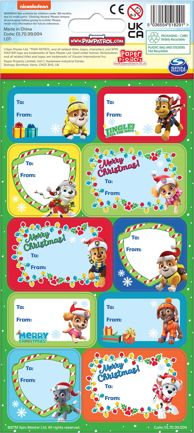 PAW Patrol Christmas Gift Labels applied to wrapped presents with festive them
