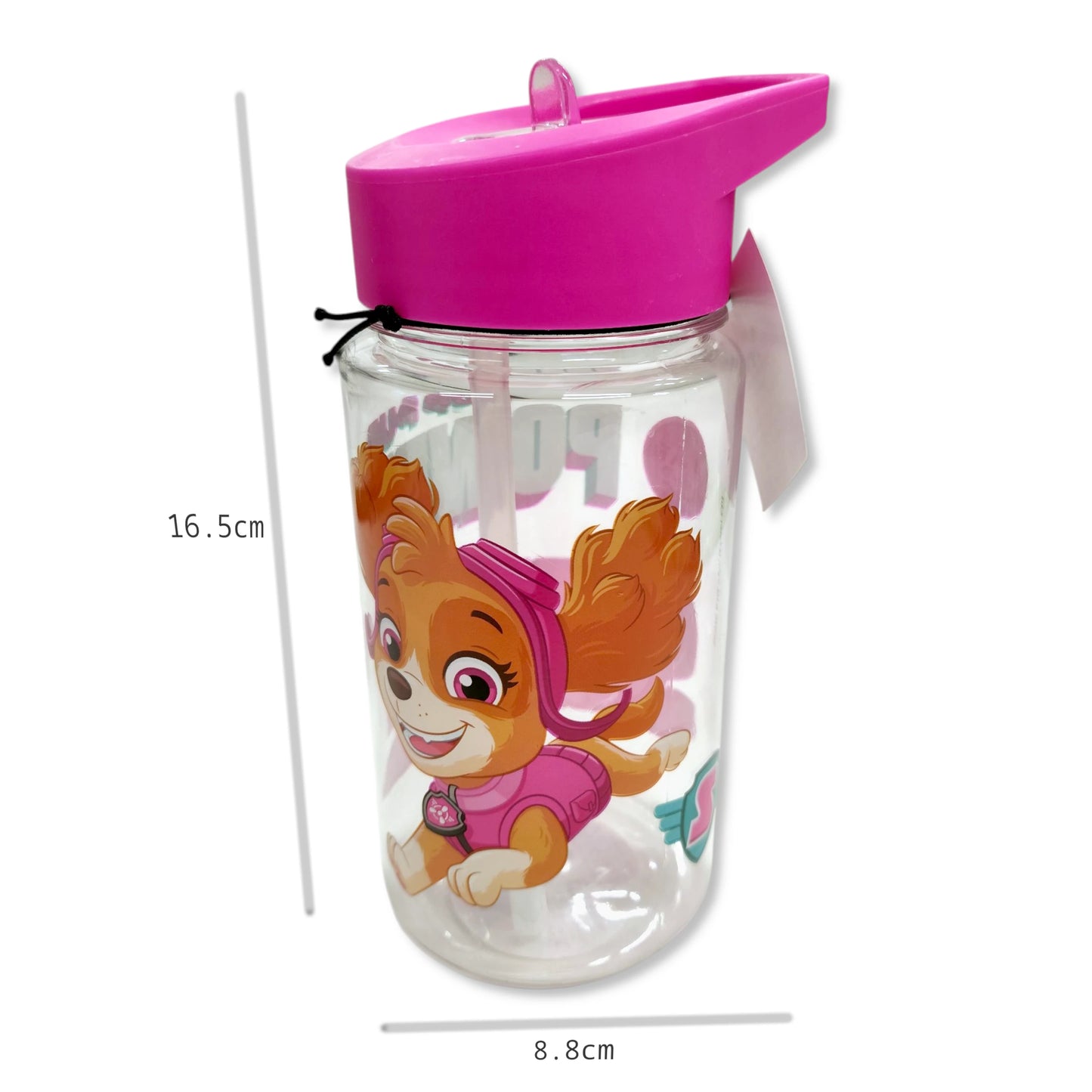 Paw Patrol Skye Water Bottle size view highlighting 450ml capacity, 16.5x8.8cm dimensions, and compact shape for backpacks and little hands
