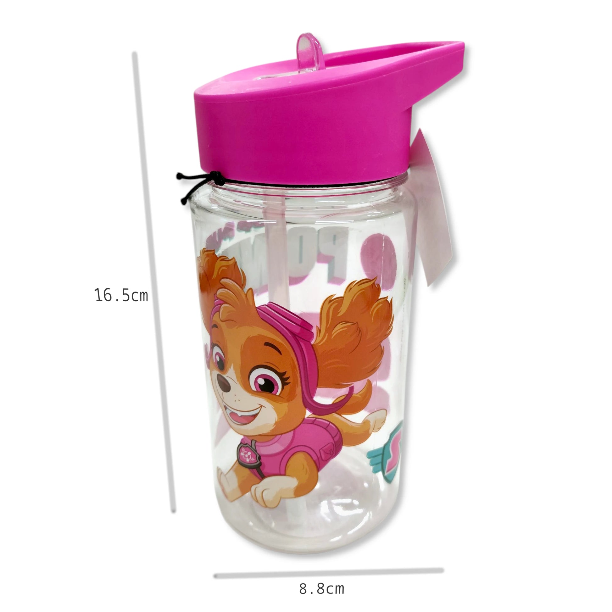 Paw Patrol Skye Water Bottle size view highlighting 450ml capacity, 16.5x8.8cm dimensions, and compact shape for backpacks and little hands