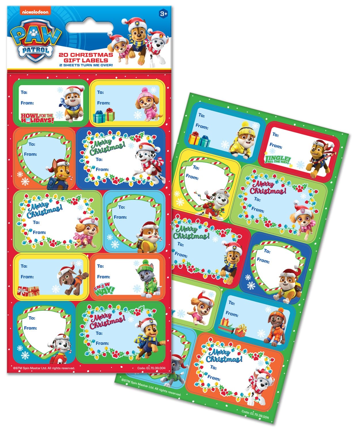 Close-up of PAW Patrol Christmas sticker designs featuring Chase, Marshall and pups