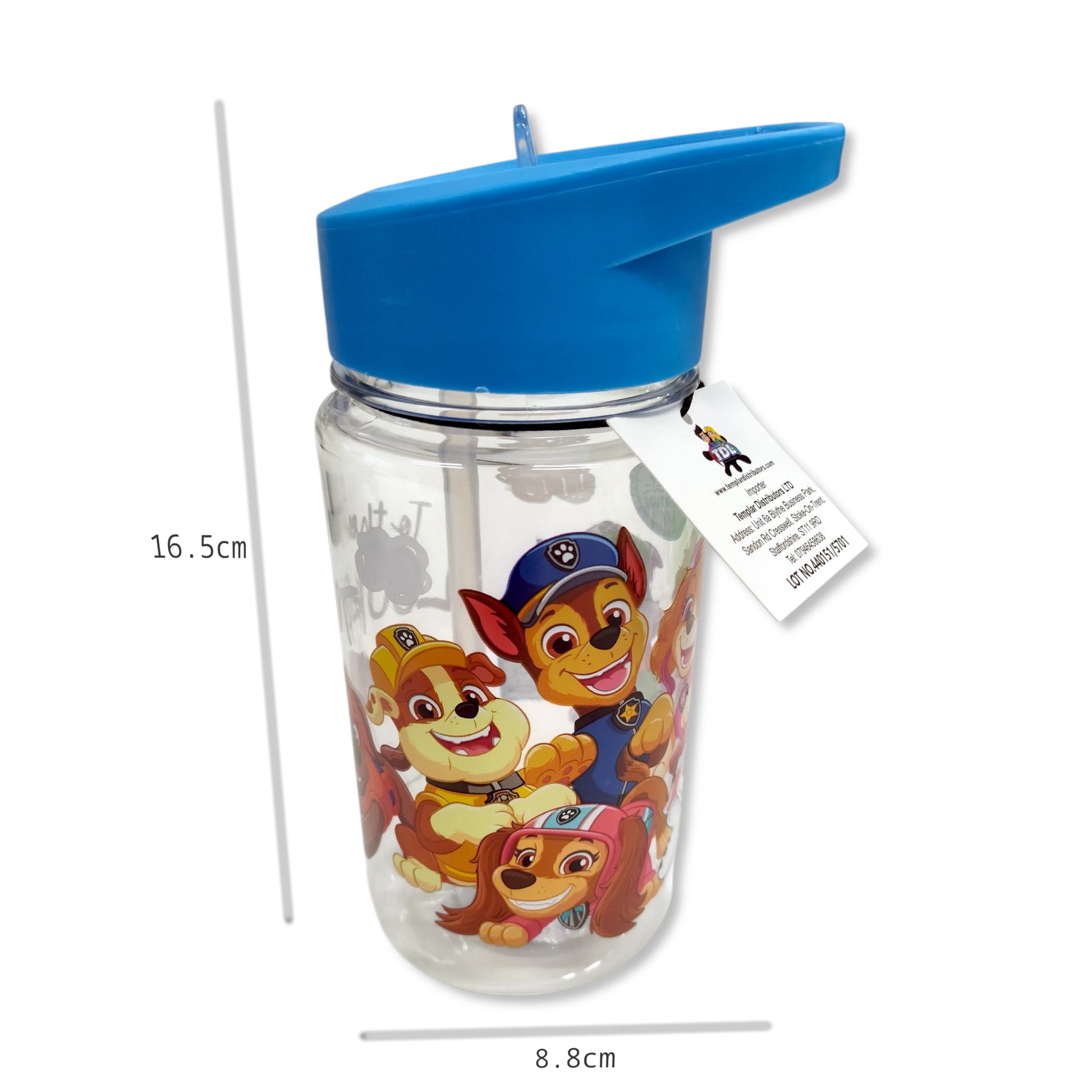 Paw Patrol Water Bottle size view highlighting 450ml capacity, 16.5x8.8cm dimensions, and compact shape for backpacks and little hands