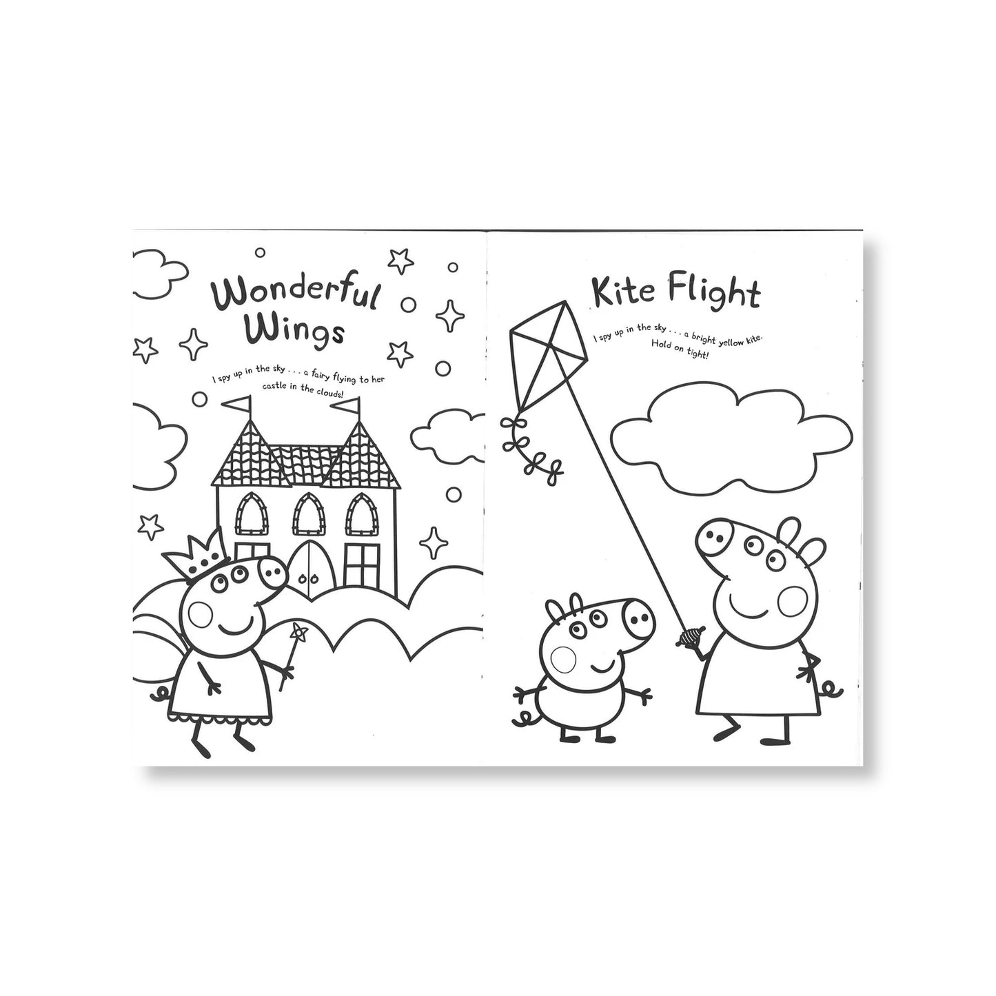 Inside view of Peppa Pig Colouring Book with 16 pages of sky spotting adventures