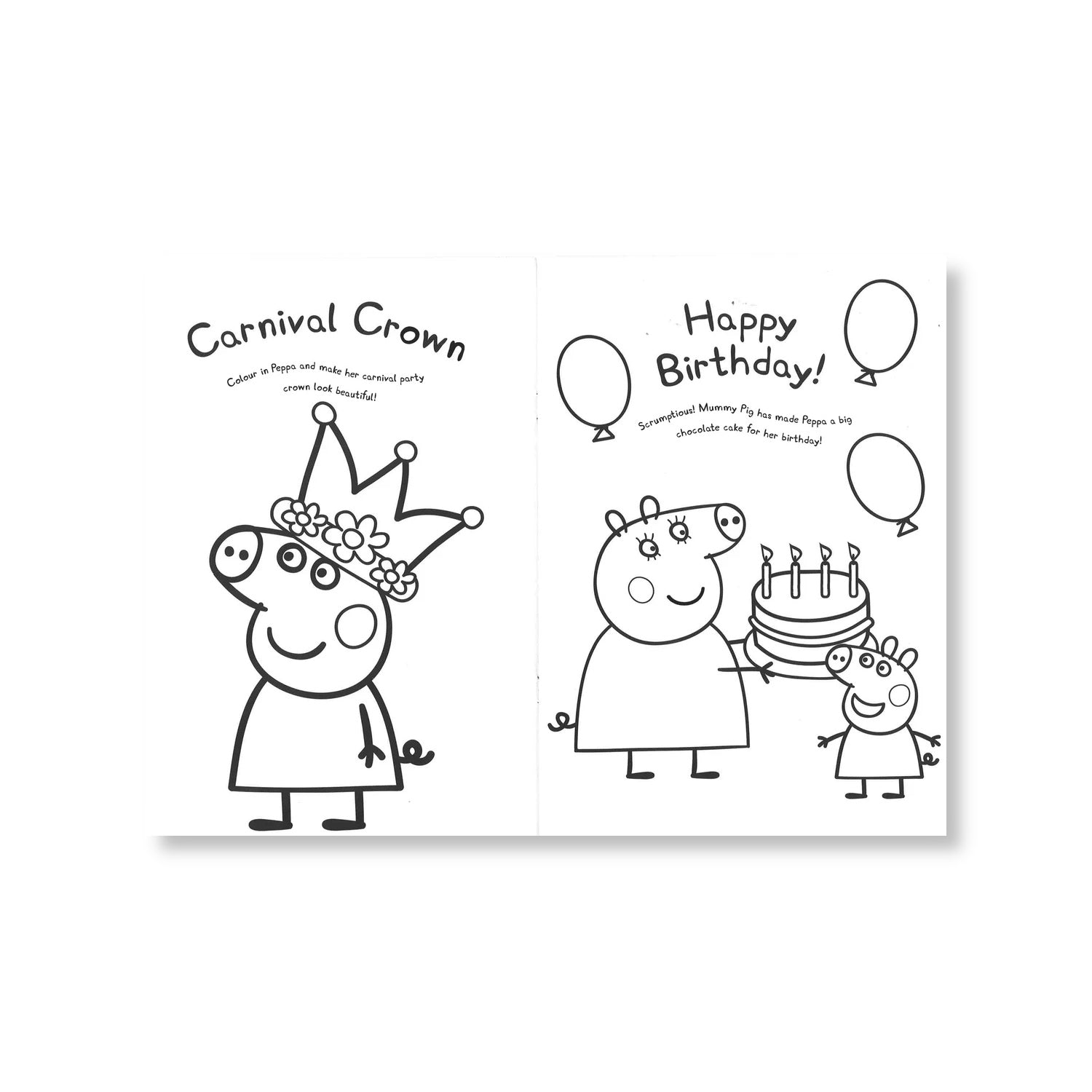 Inside view of Peppa Pig Colouring Book with 16 pages of birthday bash scenes